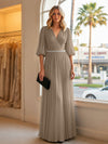 Chiffon A Line V Neck Long Evening Dresses with Puffed Sleeves