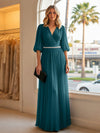Chiffon A Line V Neck Long Evening Dresses with Puffed Sleeves
