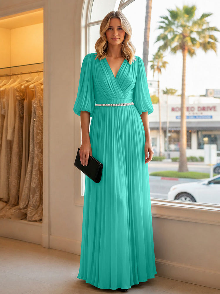 Chiffon A Line V Neck Long Evening Dresses with Puffed Sleeves