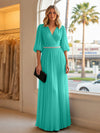 Chiffon A Line V Neck Long Evening Dresses with Puffed Sleeves