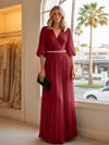 Chiffon A Line V Neck Long Evening Dresses with Puffed Sleeves