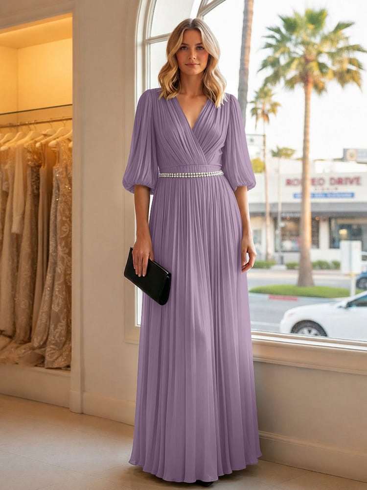 Chiffon A Line V Neck Long Evening Dresses with Puffed Sleeves