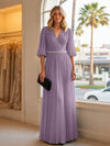 Chiffon A Line V Neck Long Evening Dresses with Puffed Sleeves