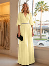 Chiffon A Line V Neck Long Evening Dresses with Puffed Sleeves
