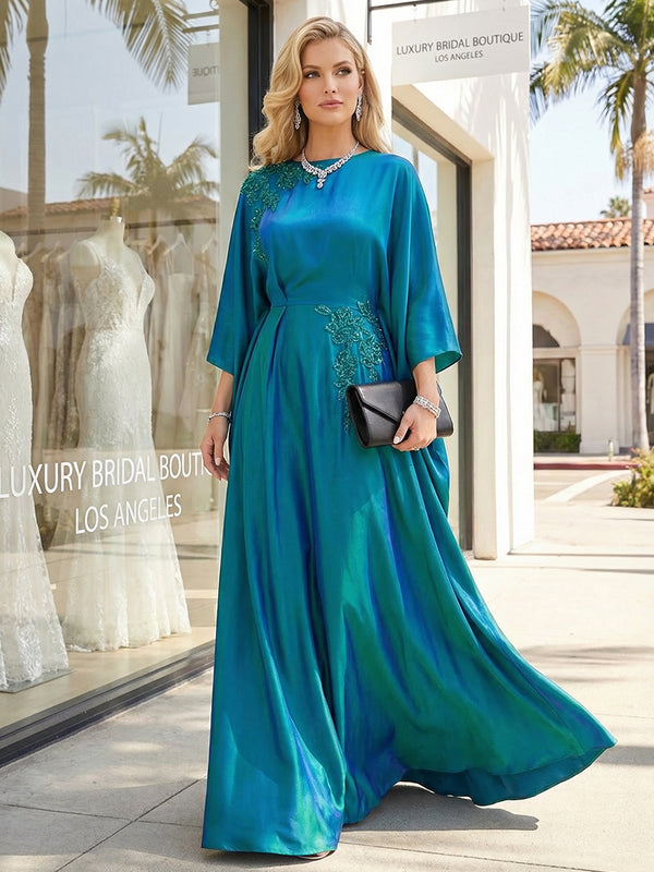 Satin Beaded Embroidered Jewel Neck Mother of the Bride Dresses with Sleeves