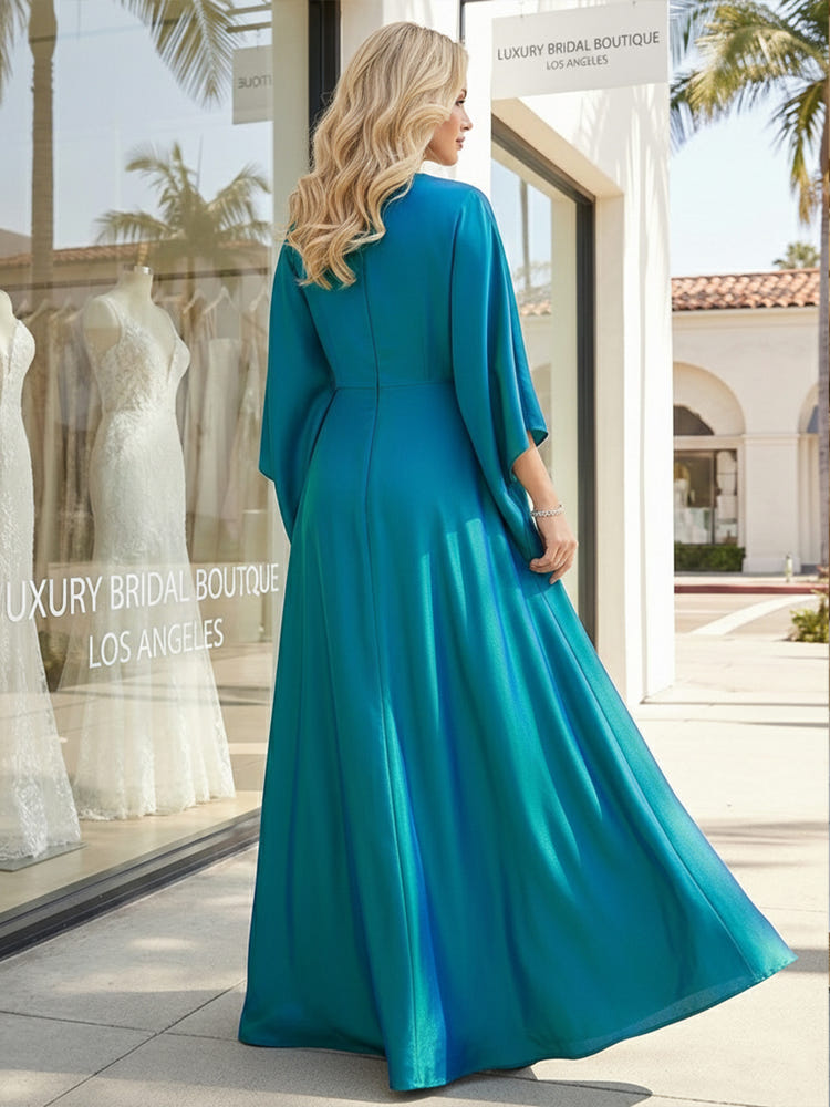 Peacock Blue Lace Applique Satin Mother Of The Bride Dresses 2026 A Line Round Neck Batwing Sleeve Floor Length Wedding Guest Party Gown