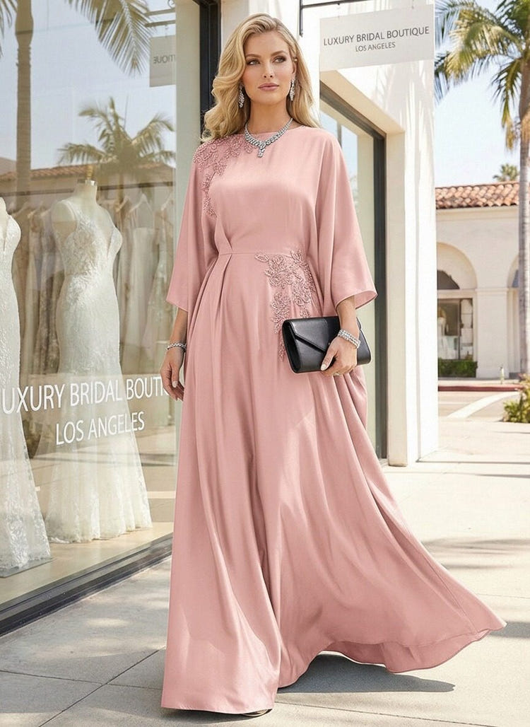 Satin Beaded Embroidered Jewel Neck Mother of the Bride Dresses with Sleeves