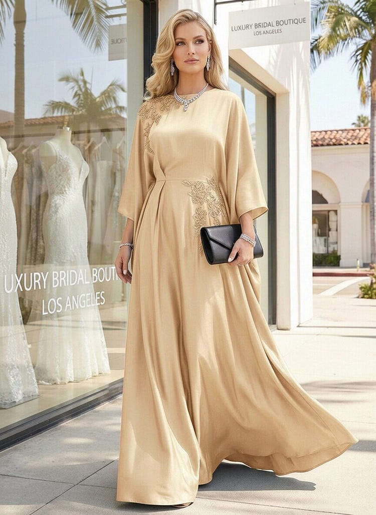 Gracins Champagne Satin Beaded Embroidered Jewel Neck Evening Formal Dresses with Sleeves 2026