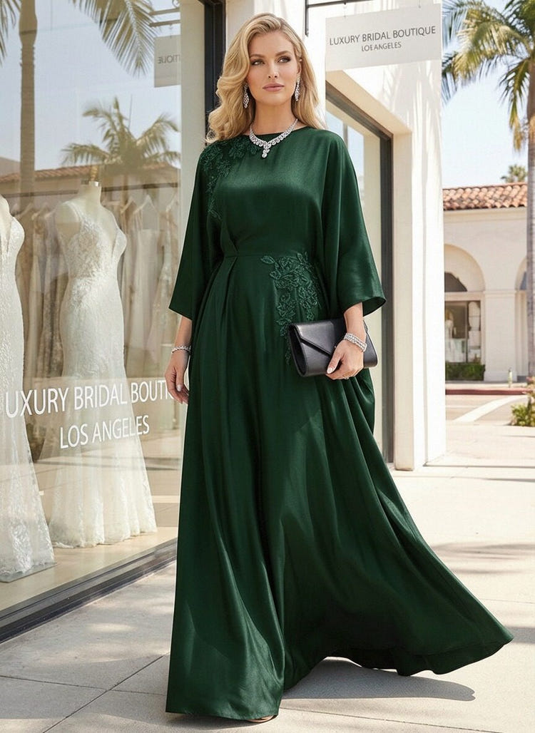 Gracins Dark Green Satin Beaded Embroidered Jewel Neck Evening Formal Dresses with Sleeves 2026