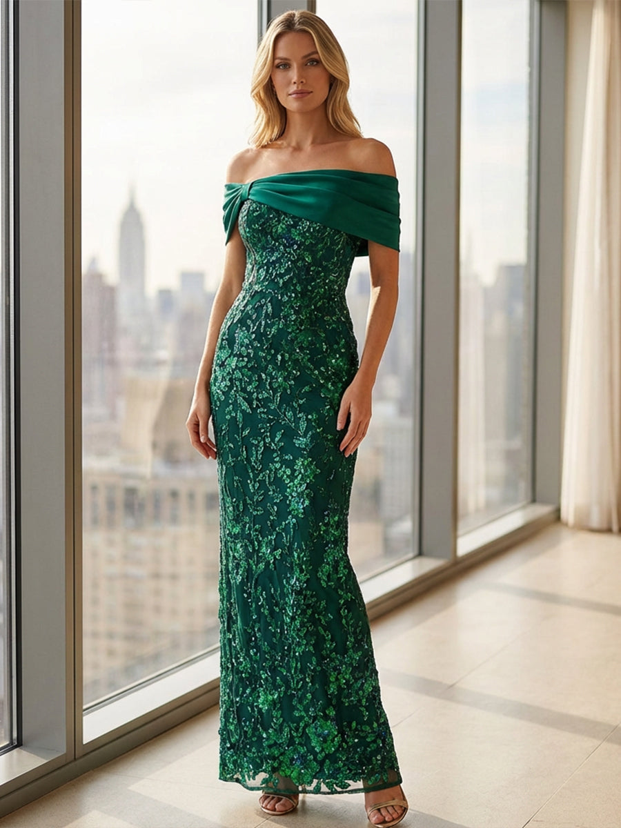 Off the Shoulder Sequin Embroidered Sheath Evening Dresses with Pleats