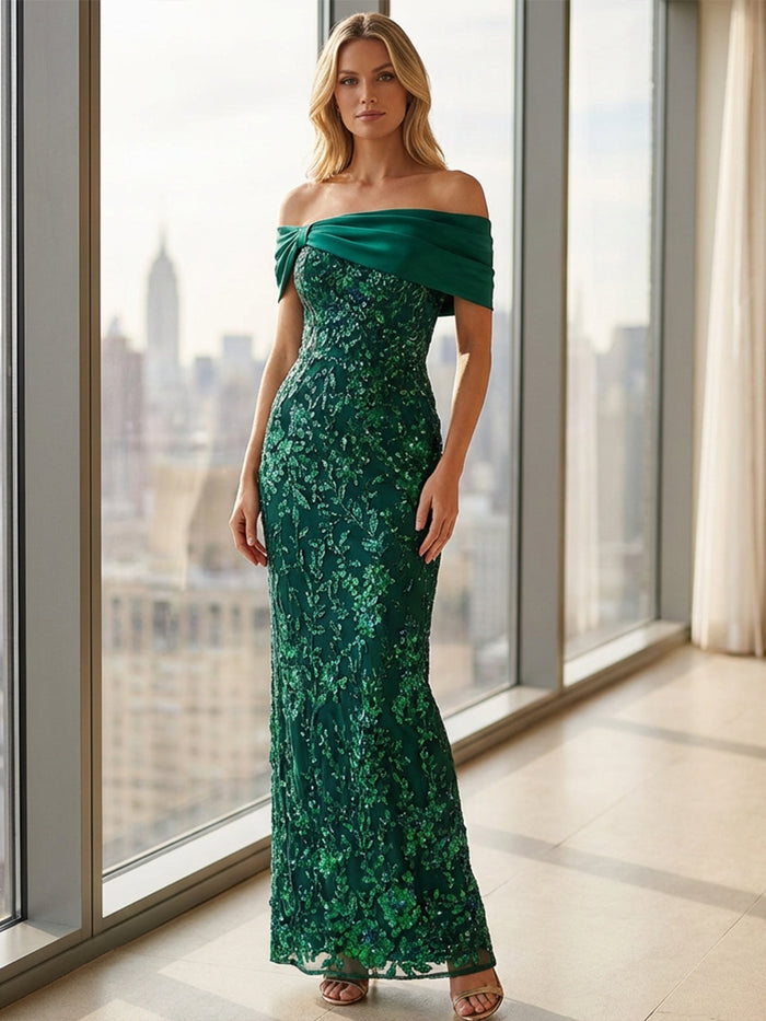 Off the Shoulder Sequin Embroidered Sheath Evening Dresses with Pleats