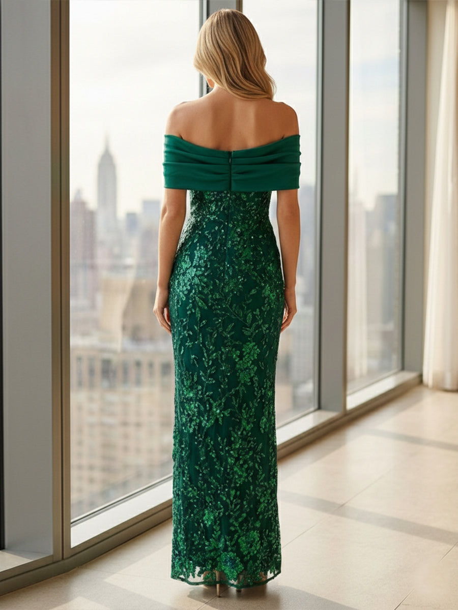 Off the Shoulder Sequin Embroidered Sheath Evening Dresses with Pleats
