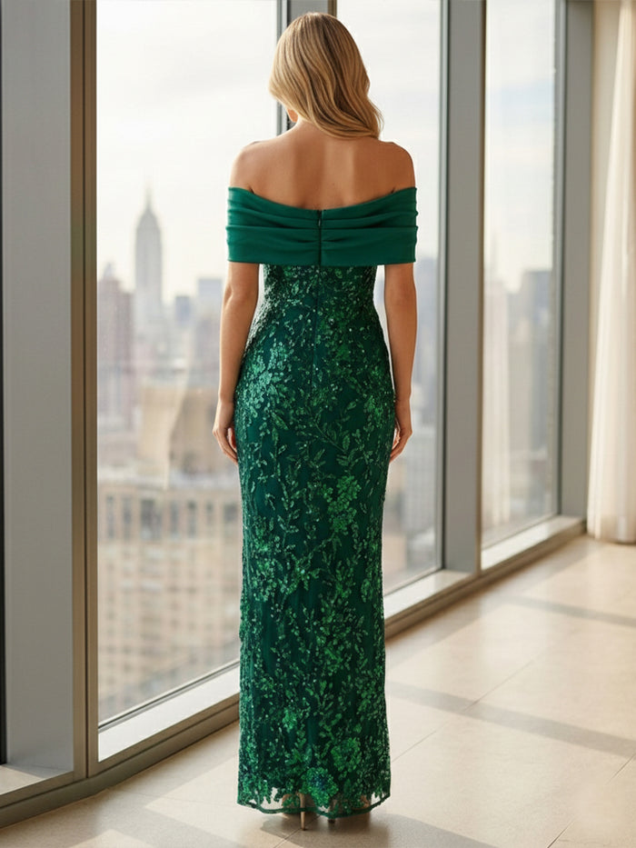 Off the Shoulder Sequin Embroidered Sheath Evening Dresses with Pleats