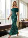 Off the Shoulder Sequin Embroidered Sheath Evening Dresses with Pleats