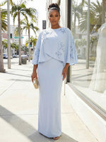 Crew Neck Sheath 3D Flower Mother of the Bride Dresses with Cap Sleeves