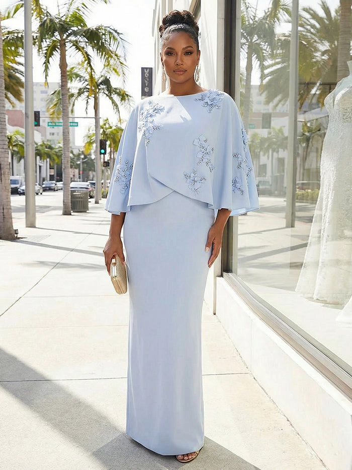 Crew Neck Sheath 3D Flower Evening Dresses with Cap Sleeves