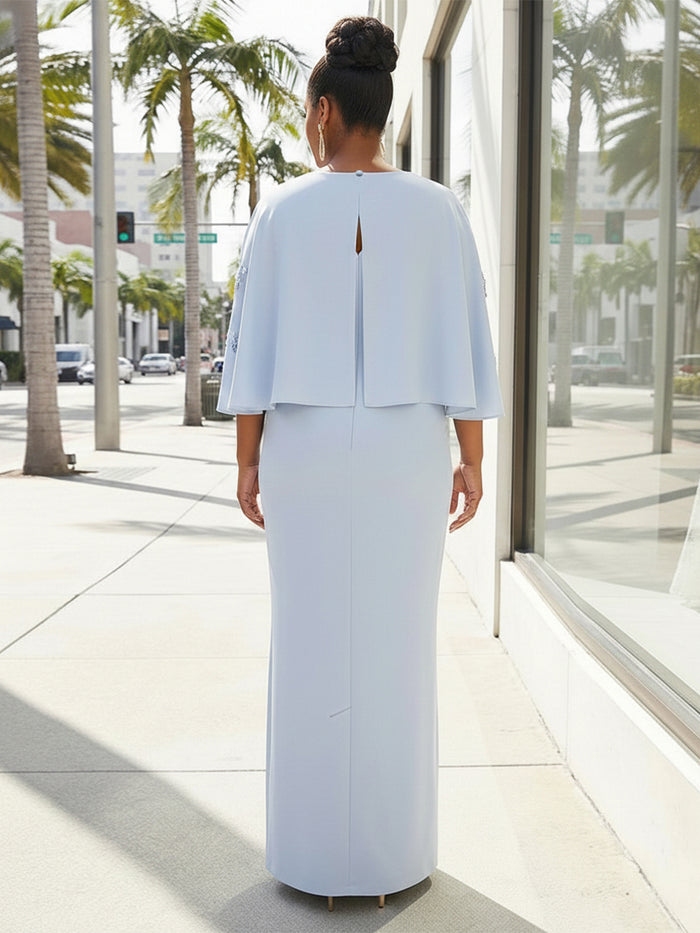 Crew Neck Sheath 3D Flower Evening Dresses with Cap Sleeves