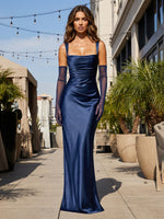 Spaghetti Straps Sheath Pleats Satin Evening Dresses