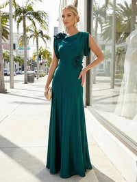 Crew Neck Satin Pleats Sheath Evening Dresses with 3D Flower