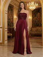 Satin A-Line Strapless Pleated Evening Dresses