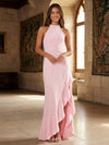 Satin Mermaid Halter Ruffles Formal Dresses