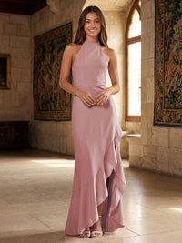 Satin Mermaid Halter Ruffles Formal Dresses