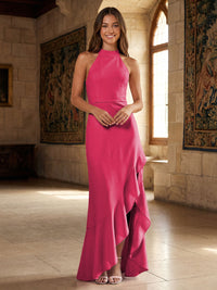 Satin Mermaid Halter Ruffles Formal Dresses