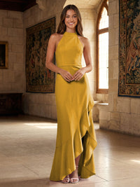 Satin Mermaid Halter Ruffles Formal Dresses