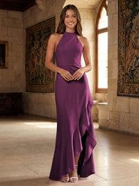 Satin Mermaid Halter Ruffles Formal Dresses
