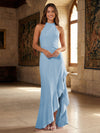Satin Mermaid Halter Ruffles Formal Dresses