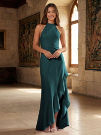 Satin Mermaid Halter Ruffles Formal Dresses