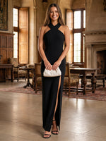 Satin Sheath Criss Cross Side Slit Formal Dresses