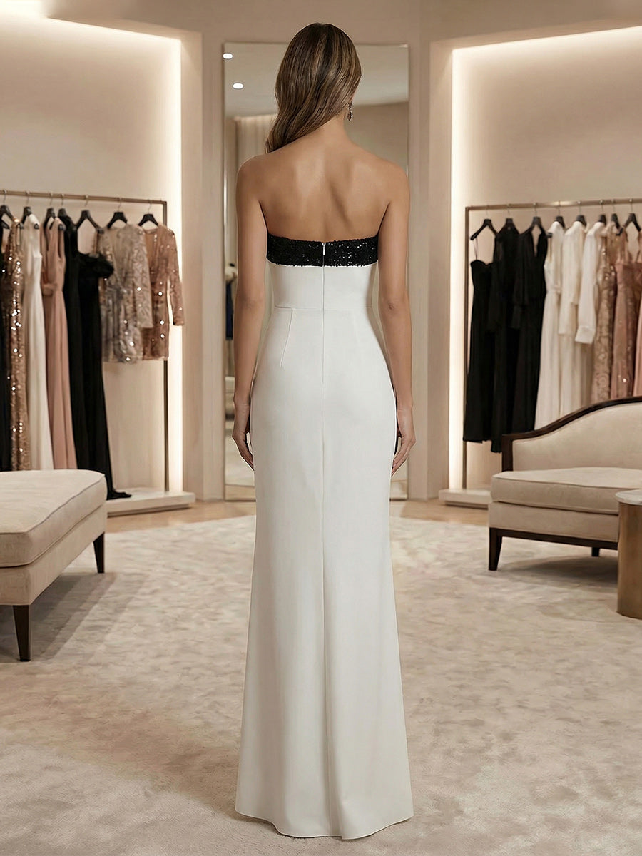 Strapless Sequin Satin Mermaid Evening Dresses with Slit