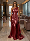 One Shoulder Satin Mermaid Evening Dresses with Wrap