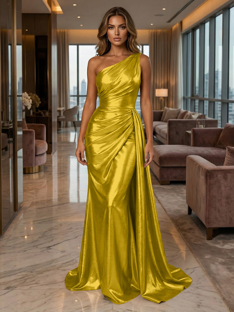 One Shoulder Satin Mermaid Evening Dresses with Wrap