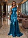 One Shoulder Satin Mermaid Evening Dresses with Wrap