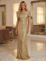 Round Neck Sequin Mermaid Evening Dresses with Sleeves