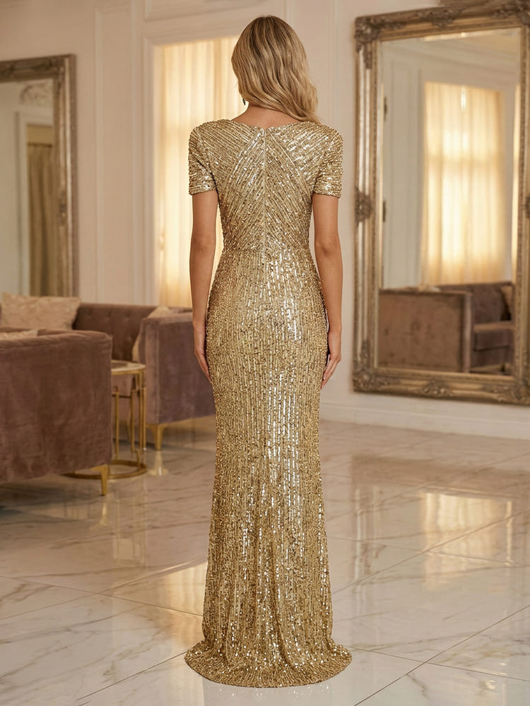 Round Neck Sequin Mermaid Evening Dresses with Sleeves