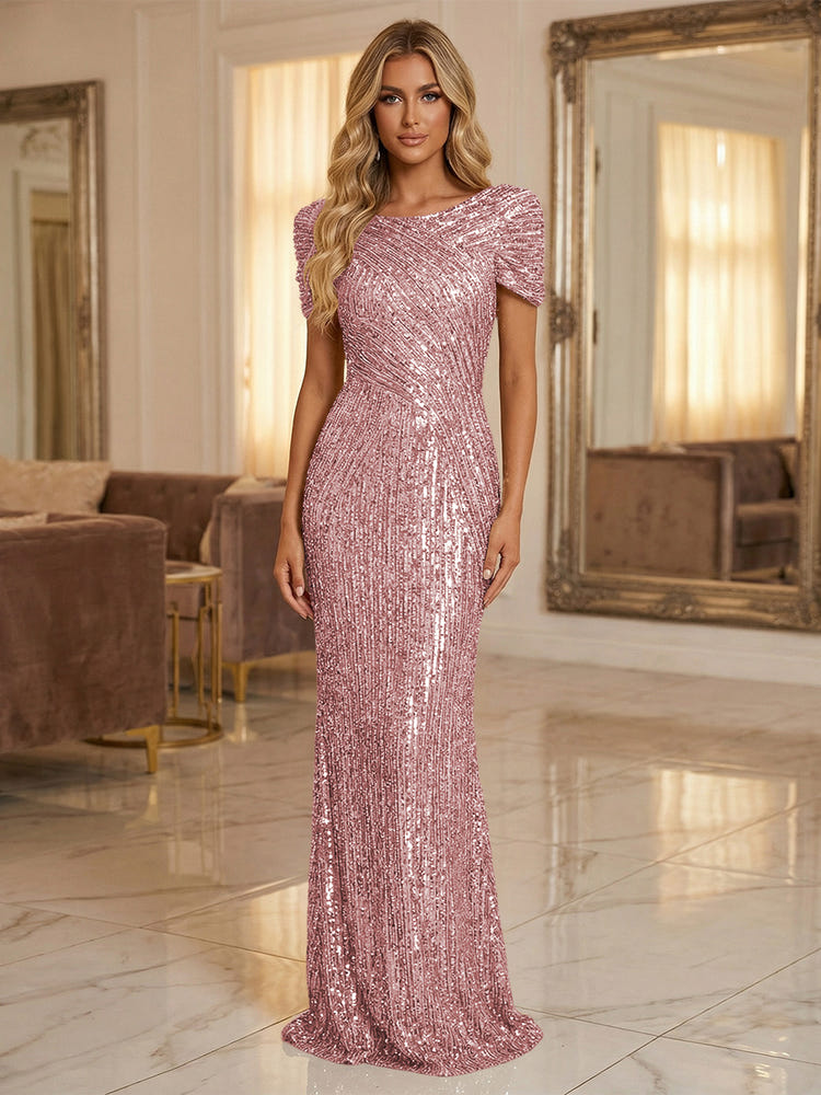 Round Neck Sequin Mermaid Evening Dresses with Sleeves