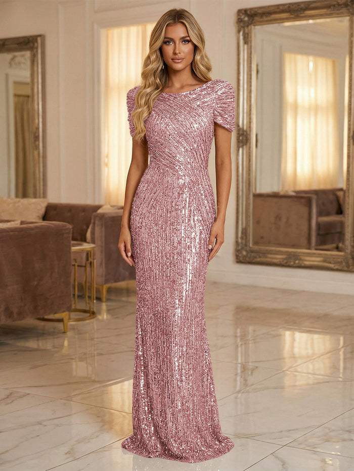 Round Neck Sequin Mermaid Evening Dresses with Sleeves