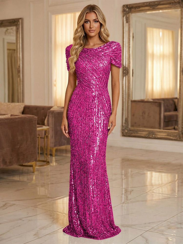 Round Neck Sequin Mermaid Evening Dresses with Sleeves