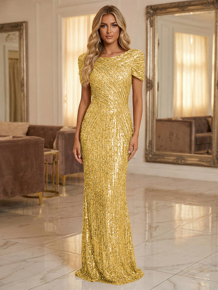 Round Neck Sequin Mermaid Evening Dresses with Sleeves