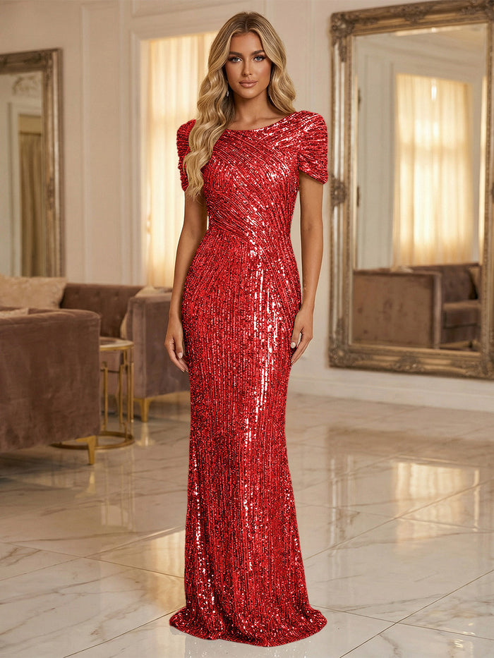 Round Neck Sequin Mermaid Evening Dresses with Sleeves