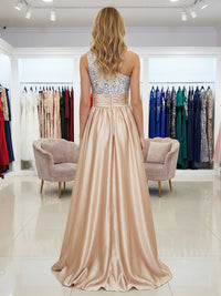 One Shoulder Satin Sequin A Line Evening Dresses