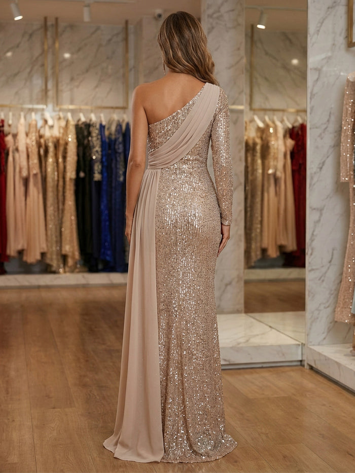 One Shoulder Chiffon Sequin Mermaid Evening Dresses with Wrap