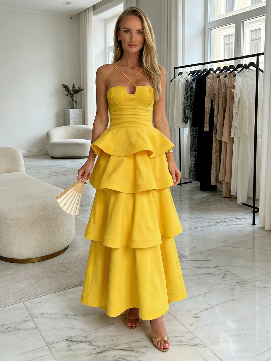 Spaghetti Straps Tiered Satin A Line Formal Dresses
