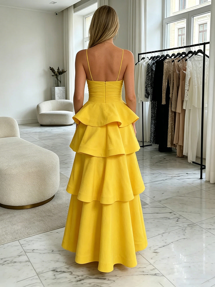 Long A Line Satin Spaghetti Corss Straps Tiered Formal Dresses