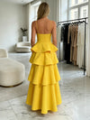Long A Line Satin Spaghetti Corss Straps Tiered Formal Dresses