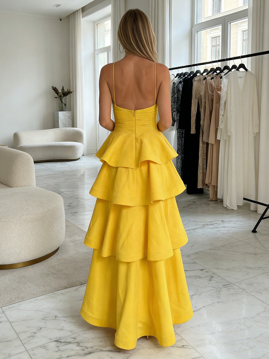 Spaghetti Straps Tiered Satin A Line Formal Dresses