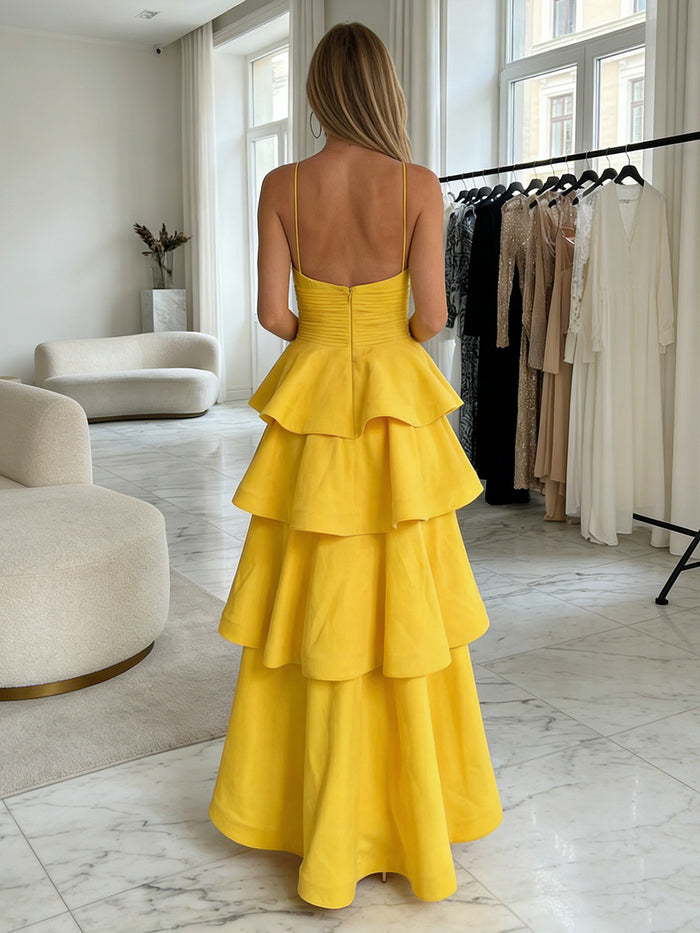 Spaghetti Straps Tiered Satin A Line Formal Dresses